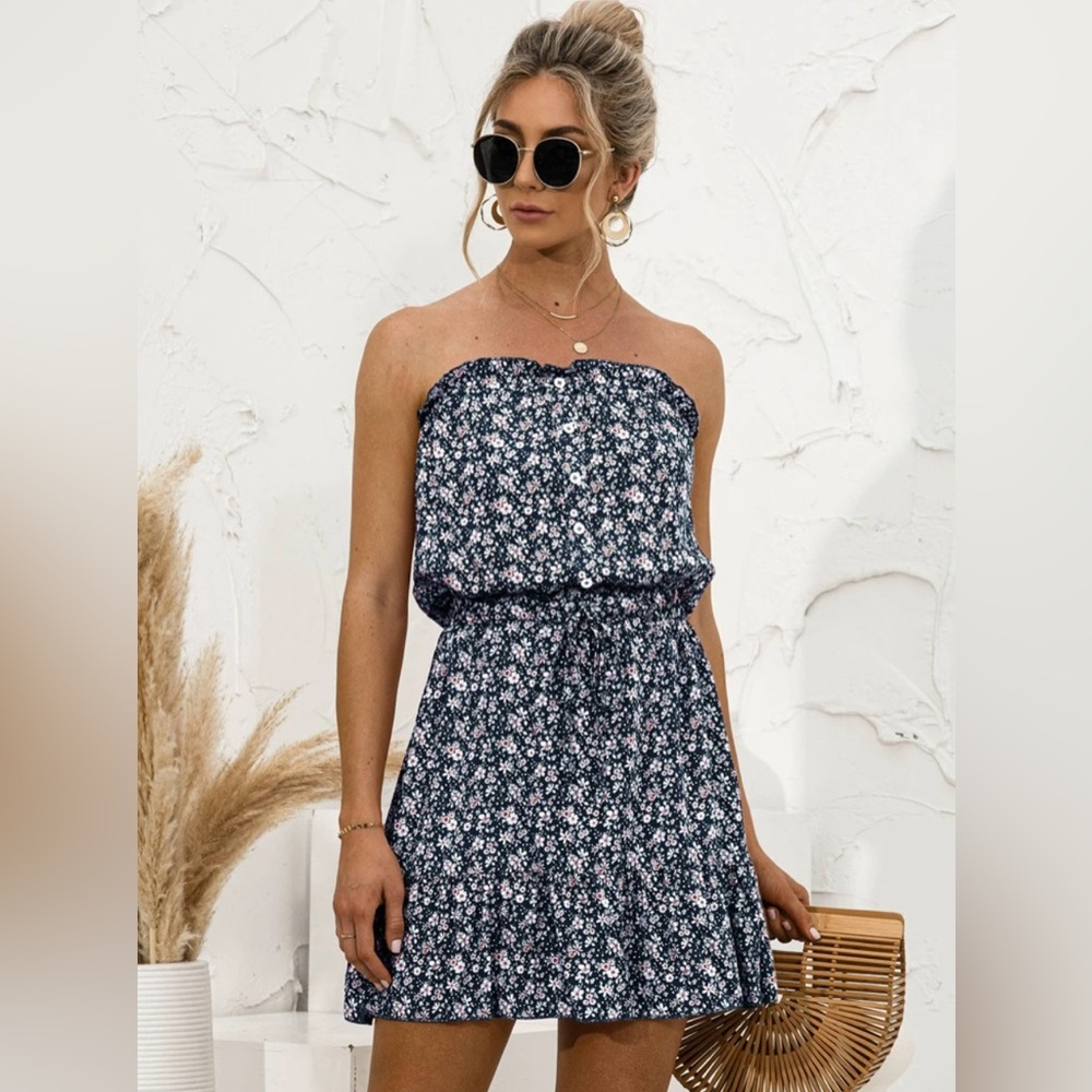 Ditsy Floral Navy Strapless Dress